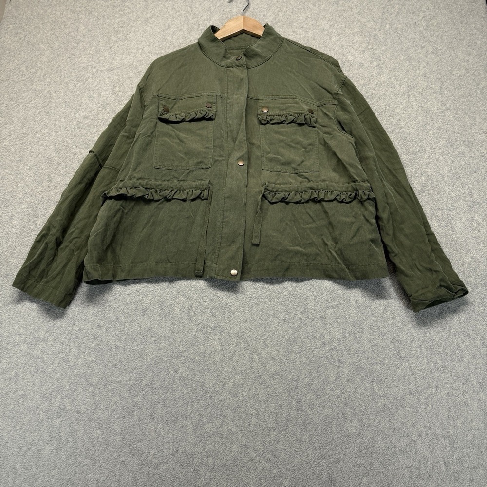 Anthropologie Womens Utility Jacket Olive Green Ruffle Military Snap Front Small